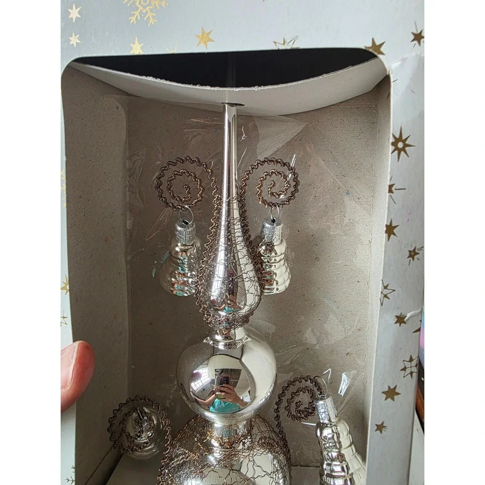 Vintage Czech Republic bell tree topper silver tinsel glass Xmas tree